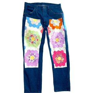 Refashioned jeans featuring vintage quilt top patch fronts  hexi design.